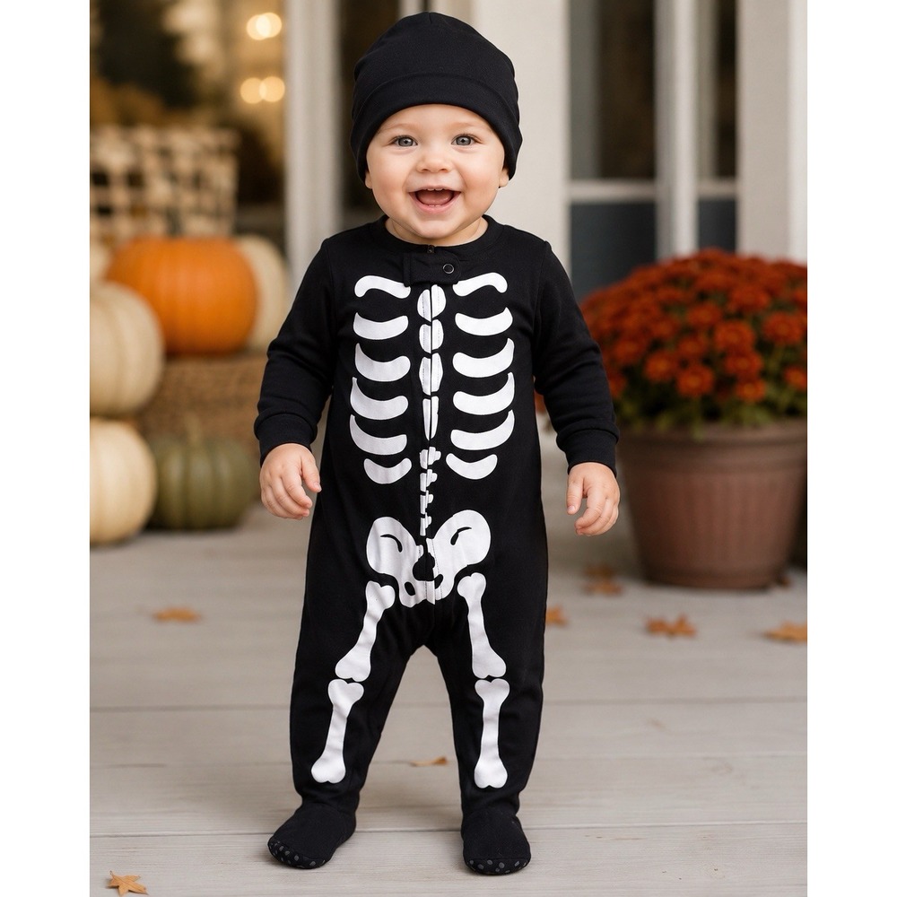 Modern Kids Baby Skeleton Footed One Piece Beanie Halloween 12M Costume NWOT